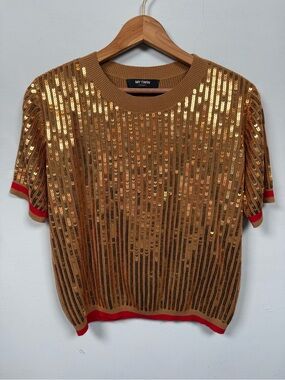 My Twin Twinset Gold Sequin Knit Short Sleeve Top Red Trim Sz S Great Condition!